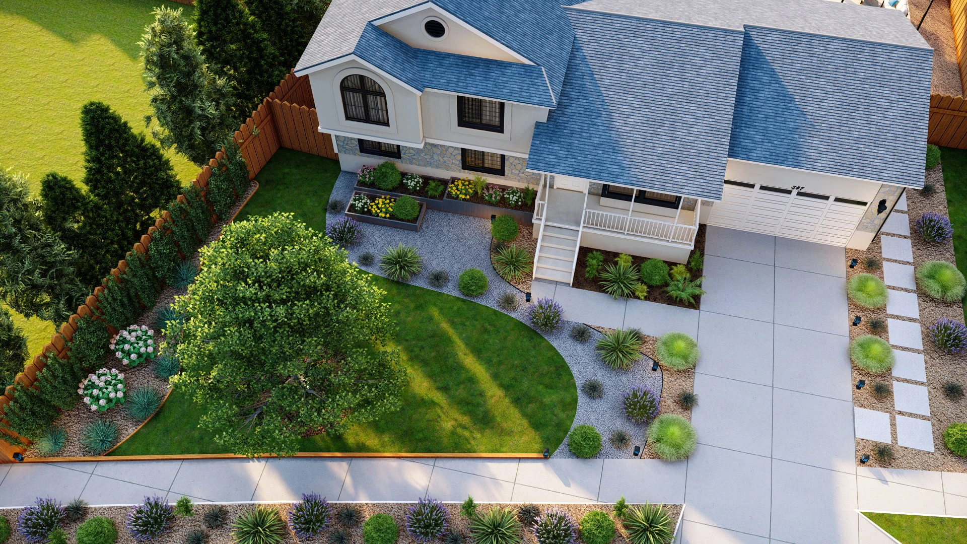 Aerial view of home's front yard with a mix of xeriscaping and traditional landscaping, featuring stone walkways, a lush lawn, and diverse plantings.
